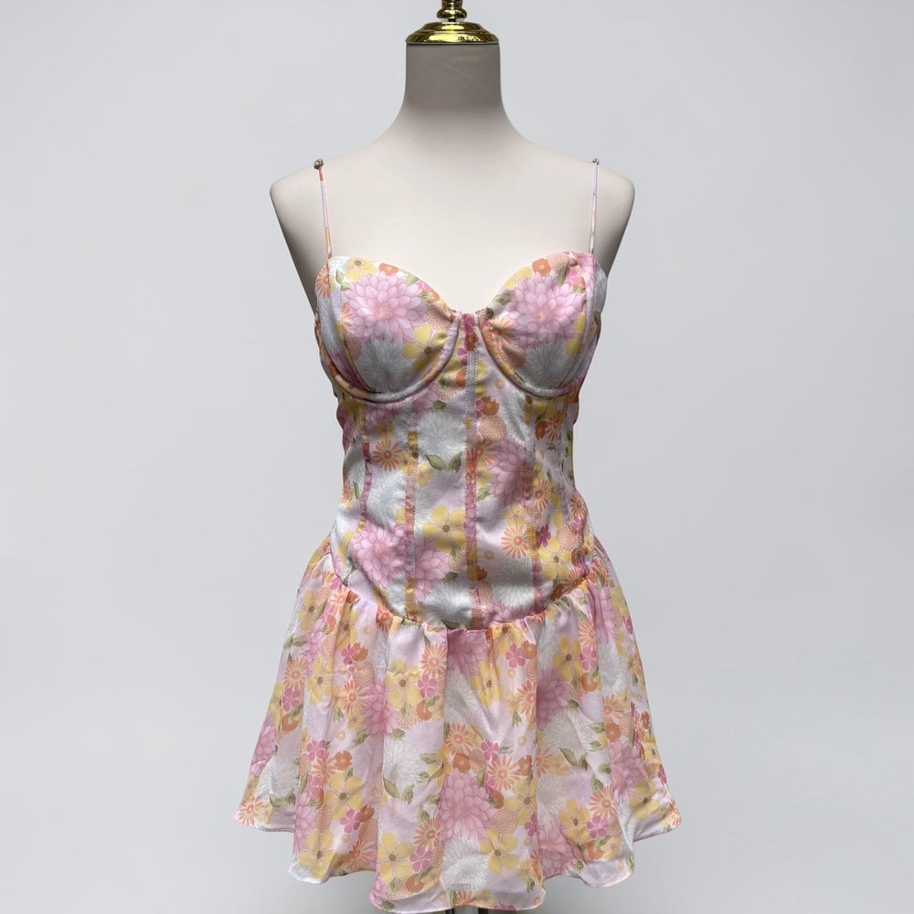 For Love & Lemons Carrie Corset Mini Dress XL Pink Floral Coquette Ruffle Pastel